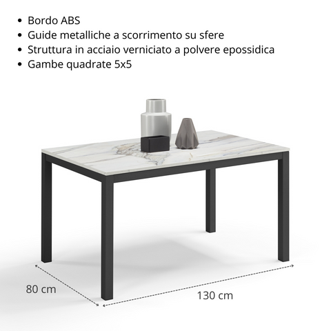 Tavolo per soggiorno con top in legno effetto marmo allungabile e struttura in metallo scheda tecnica