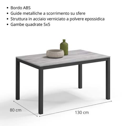 Tavolo per soggiorno con top in legno effetto cemento allungabile e struttura in metallo scheda tecnica