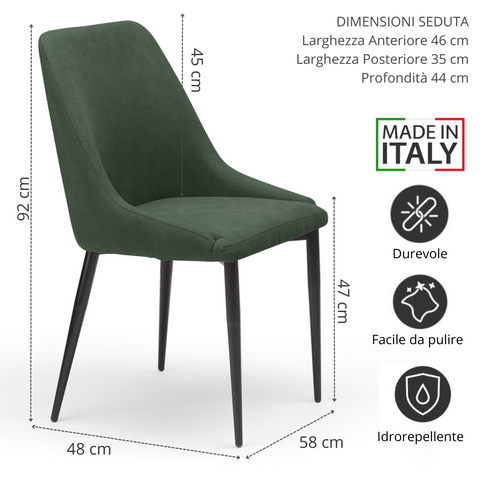 Sedia imbottita verde con gambe in metallo ghisa prodotta in Italia scheda tecnica