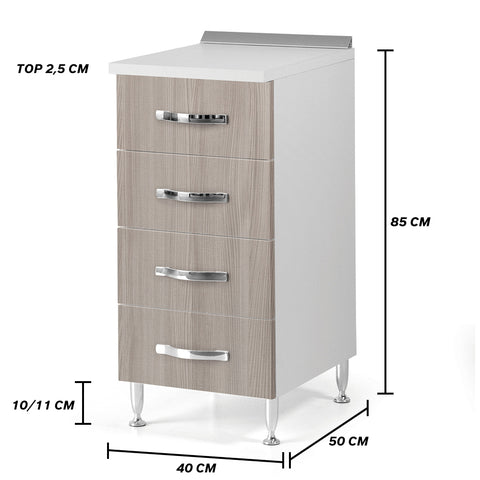 Cassettiera per cucina componibile da 40 cm con 4 cassetti, realizzata in legno 100% MADE IN ITALY