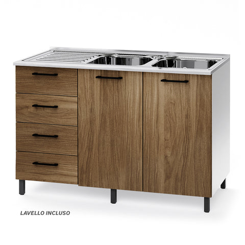 Sotto lavello per cucina componibile da 120 cm con due ante e 4 cassetti, realizzata in legno 100% MADE IN ITALY