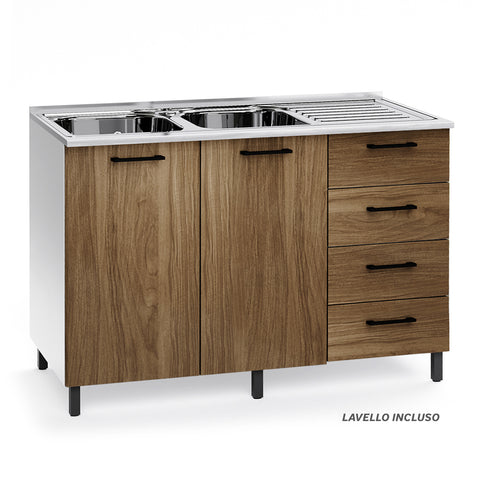 Sotto lavello per cucina componibile da 120 cm con due ante e 4 cassetti, realizzata in legno 100% MADE IN ITALY