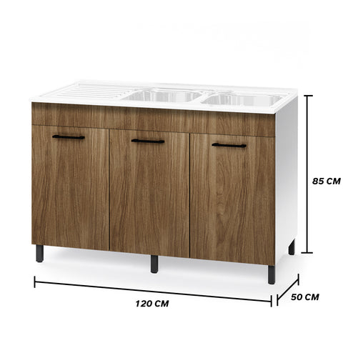 Sottolavello per cucina componibile da 120 cm con tre ante, realizzata in legno 100% MADE IN ITALY