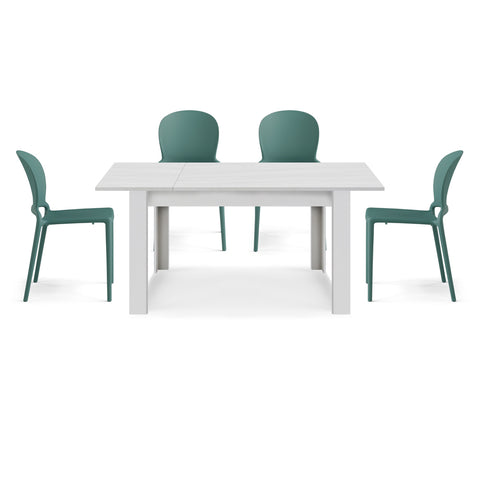 Tavolo in legno melaminico allungabile bianco frassino con sedie in polipropilene impilabile